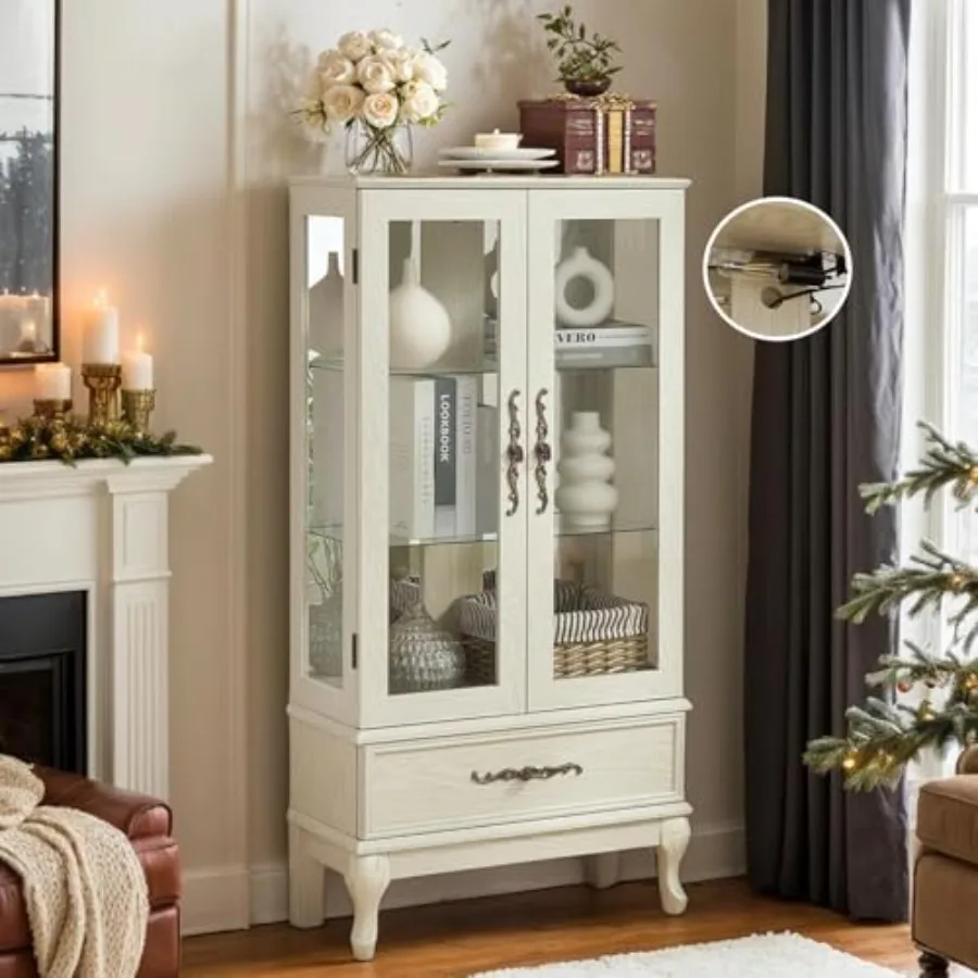 Display Case Acrylic - ตู้โชว์สำหรับห้องนั่งเล่น: ตู้โชว์ไม้เคลือบสีโบราณ พร้อมชั้นวางกระจกนิรภัย แผงอะคริลิก และไฟส่องสว่างในตัว